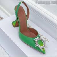 Top Quality Amina Muaddi Iridescent Calfskin Crystal Circle Slingback Pumps 9.5cm AM1009 Green 2021