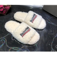 Popular Style Balenciaga Logo Wool Flat Slide Sandals 081213 White 2021