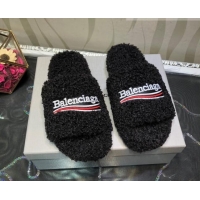 Classic Style Balenciaga Logo Wool Flat Slide Sandals 081213 Black 2021