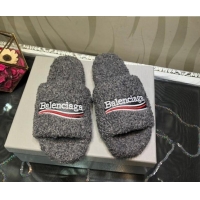 New Style Balenciaga Logo Wool Flat Slide Sandals 081215 Grey