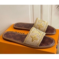 Good Quality Louis Vuitton Lock It Raffia and Monogram Canvas Slide Sandals 070809 Brown/Gold 2021