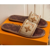 New Style Louis Vuitton Lock It Raffia and Monogram Canvas Slide Sandals 070810 Brown