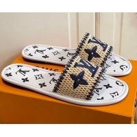 Low Cost Louis Vuitton Lock It Raffia and Monogram Canvas Slide Sandals 070811 White 2021