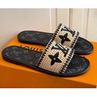 Good Product Louis Vuitton Lock It Raffia and Monogram Canvas Slide Sandals 070811 Black