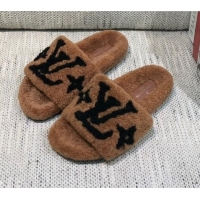 Sophisticated Louis Vuitton LV Wool Flat Slide Sandals 080964 Brown