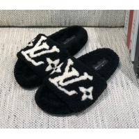 Low Price Louis Vuitton LV Wool Flat Slide Sandals Black 080974