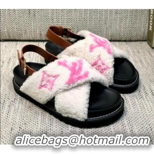 Lower Price Louis Vuitton Paseo Logo Wool Flat Comfort Sandals 081020 White/Pink