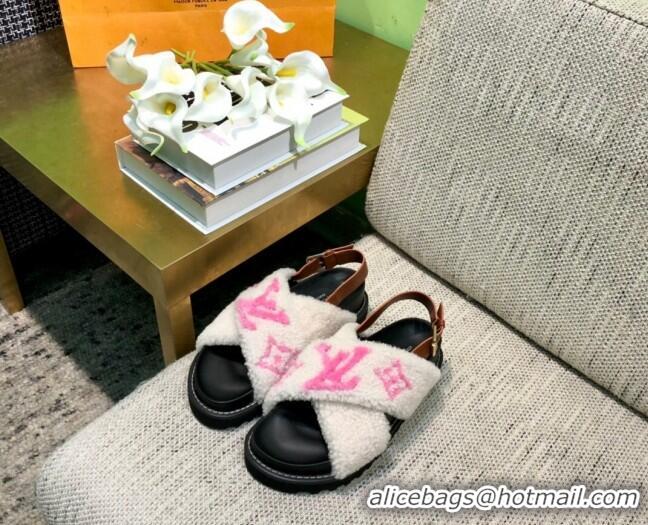 Lower Price Louis Vuitton Paseo Logo Wool Flat Comfort Sandals 081020 White/Pink