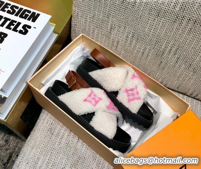 Lower Price Louis Vuitton Paseo Logo Wool Flat Comfort Sandals 081020 White/Pink