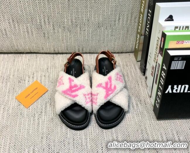 Lower Price Louis Vuitton Paseo Logo Wool Flat Comfort Sandals 081020 White/Pink