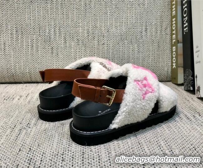 Lower Price Louis Vuitton Paseo Logo Wool Flat Comfort Sandals 081020 White/Pink