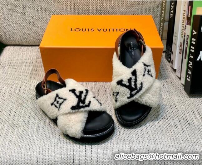 Super Quality Louis Vuitton Paseo Logo Wool Flat Comfort Sandals 081020 White/Black