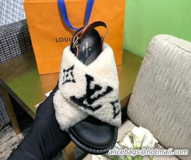 Super Quality Louis Vuitton Paseo Logo Wool Flat Comfort Sandals 081020 White/Black