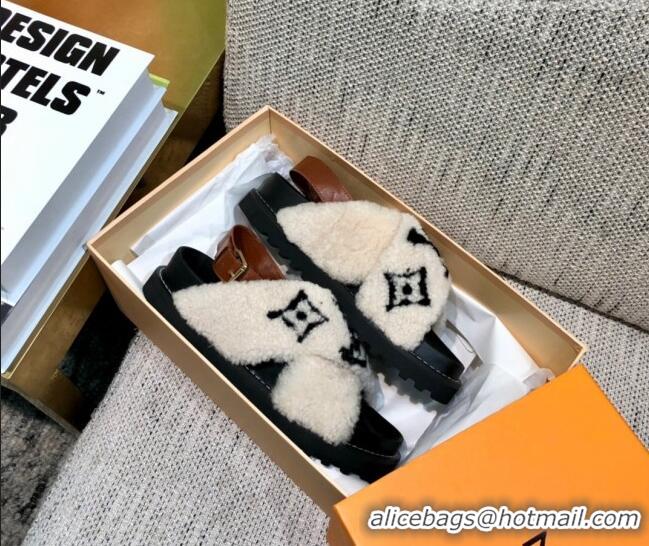 Super Quality Louis Vuitton Paseo Logo Wool Flat Comfort Sandals 081020 White/Black