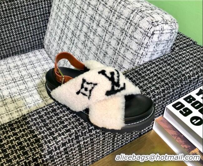 Super Quality Louis Vuitton Paseo Logo Wool Flat Comfort Sandals 081020 White/Black