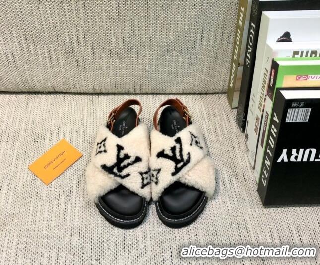 Super Quality Louis Vuitton Paseo Logo Wool Flat Comfort Sandals 081020 White/Black