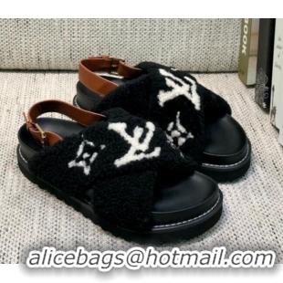 Top Design Louis Vuitton Paseo Logo Wool Flat Comfort Sandals 081020 Black/White