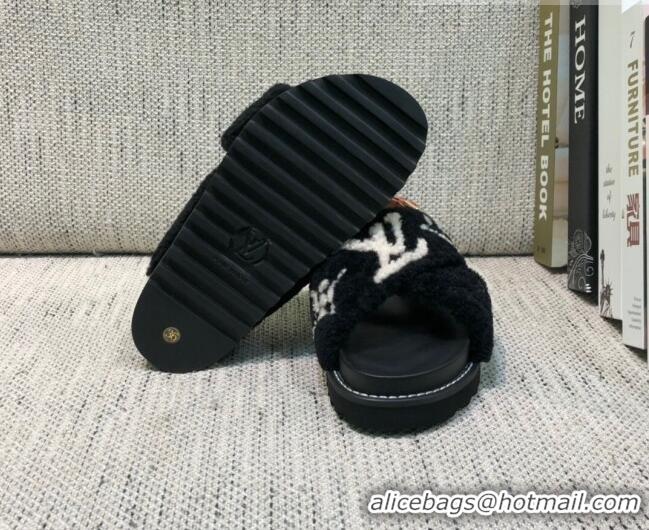 Top Design Louis Vuitton Paseo Logo Wool Flat Comfort Sandals 081020 Black/White