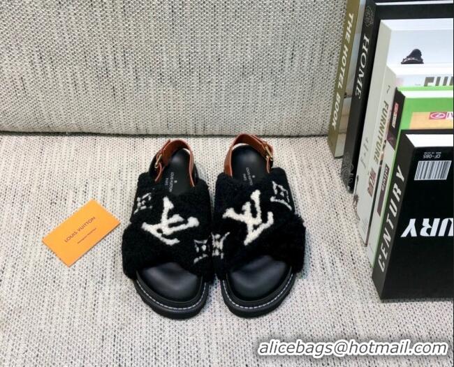 Top Design Louis Vuitton Paseo Logo Wool Flat Comfort Sandals 081020 Black/White