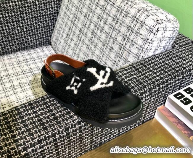 Top Design Louis Vuitton Paseo Logo Wool Flat Comfort Sandals 081020 Black/White