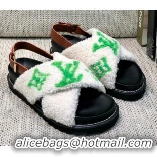 Top Design Louis Vuitton Paseo Logo Wool Flat Comfort Sandals 081020 White/Green