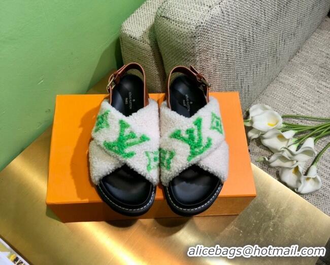 Top Design Louis Vuitton Paseo Logo Wool Flat Comfort Sandals 081020 White/Green