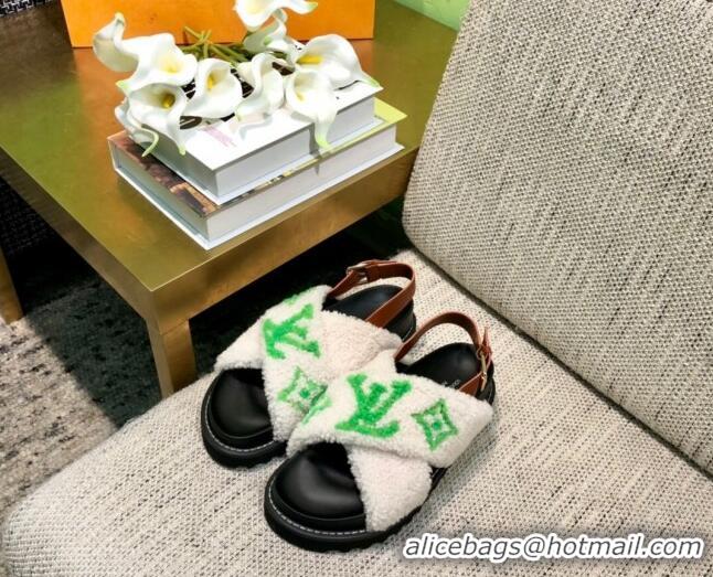 Top Design Louis Vuitton Paseo Logo Wool Flat Comfort Sandals 081020 White/Green