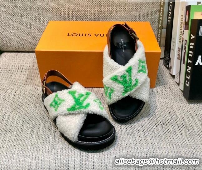 Top Design Louis Vuitton Paseo Logo Wool Flat Comfort Sandals 081020 White/Green