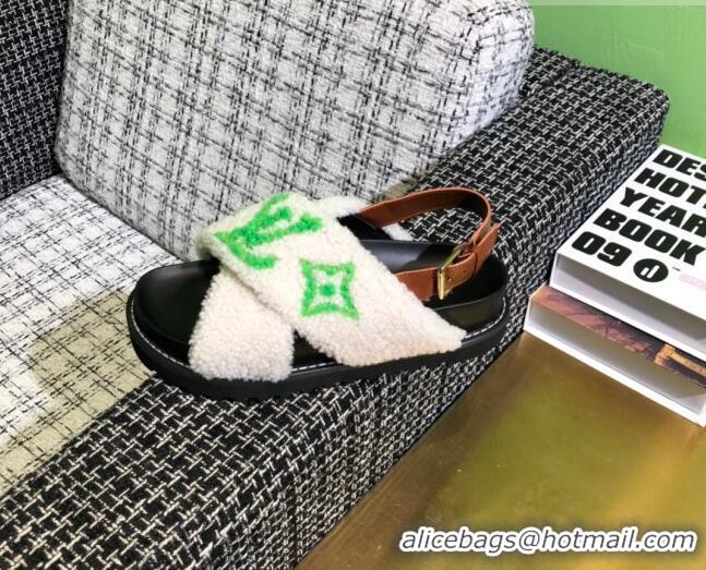 Top Design Louis Vuitton Paseo Logo Wool Flat Comfort Sandals 081020 White/Green