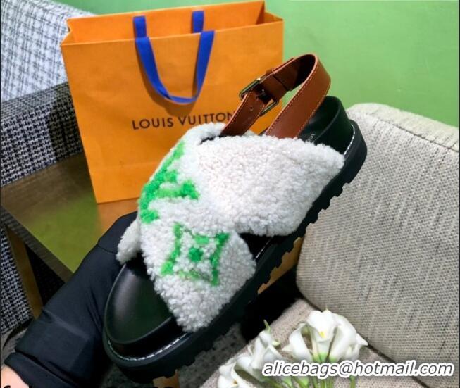 Top Design Louis Vuitton Paseo Logo Wool Flat Comfort Sandals 081020 White/Green