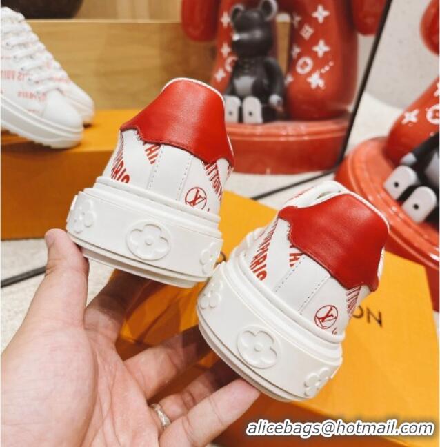 Perfect Louis Vuitton Time Out Signature Print Leather Sneakers 082030 White/Red