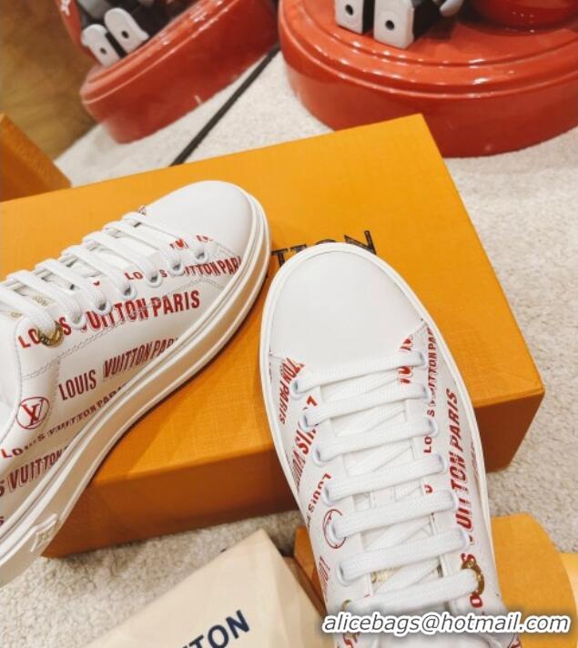 Perfect Louis Vuitton Time Out Signature Print Leather Sneakers 082030 White/Red