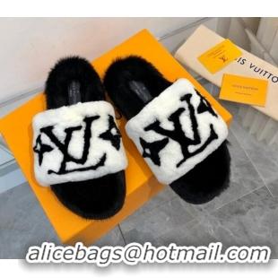 Good Product Louis Vuitton Mink Fur and Shearling Flat Slide Sandals 092554 White/Black