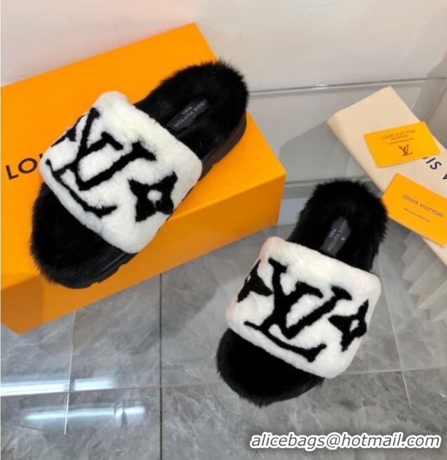 Good Product Louis Vuitton Mink Fur and Shearling Flat Slide Sandals 092554 White/Black