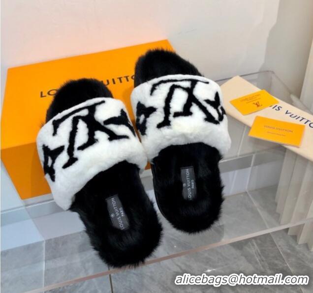 Good Product Louis Vuitton Mink Fur and Shearling Flat Slide Sandals 092554 White/Black