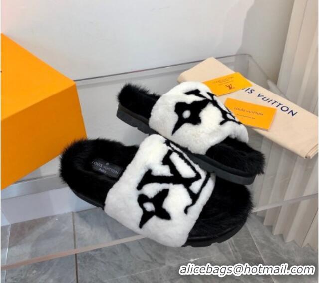 Good Product Louis Vuitton Mink Fur and Shearling Flat Slide Sandals 092554 White/Black