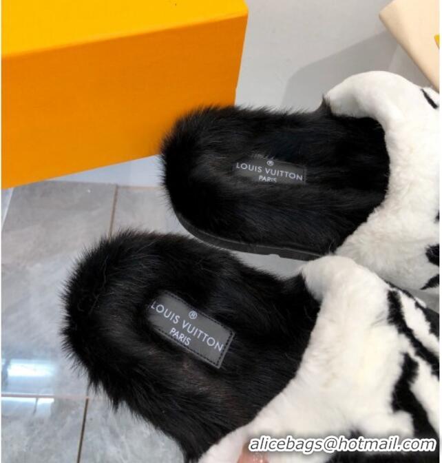 Good Product Louis Vuitton Mink Fur and Shearling Flat Slide Sandals 092554 White/Black