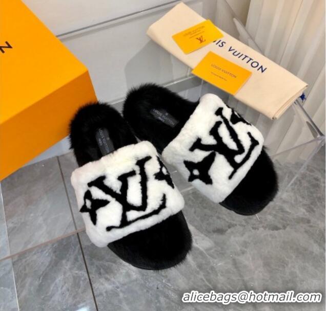 Good Product Louis Vuitton Mink Fur and Shearling Flat Slide Sandals 092554 White/Black