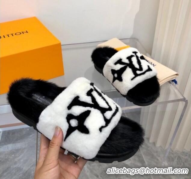 Good Product Louis Vuitton Mink Fur and Shearling Flat Slide Sandals 092554 White/Black