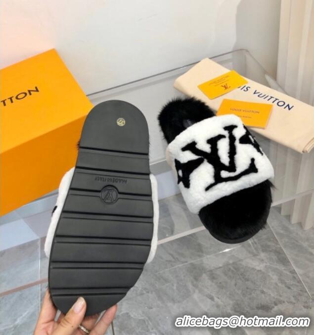 Good Product Louis Vuitton Mink Fur and Shearling Flat Slide Sandals 092554 White/Black