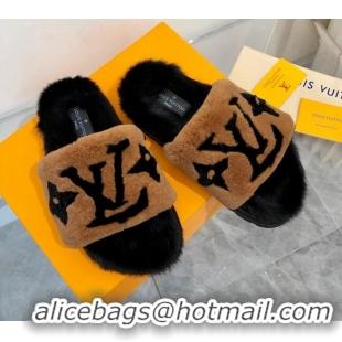 New Style Louis Vuitton Mink Fur and Shearling Flat Slide Sandals 092554 Brown/Black