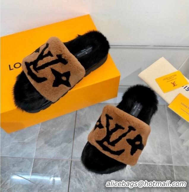 New Style Louis Vuitton Mink Fur and Shearling Flat Slide Sandals 092554 Brown/Black