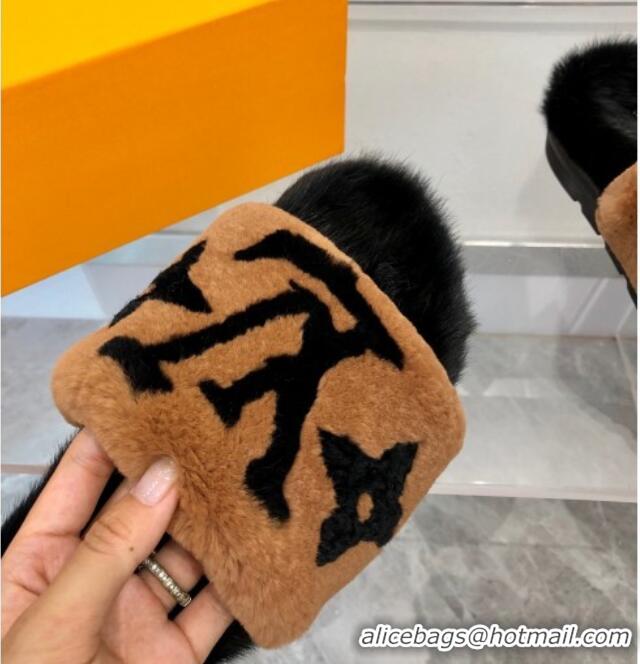 New Style Louis Vuitton Mink Fur and Shearling Flat Slide Sandals 092554 Brown/Black