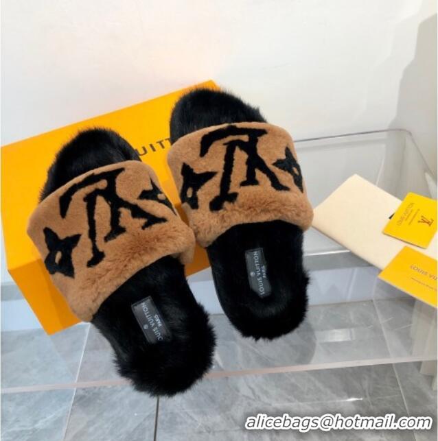 New Style Louis Vuitton Mink Fur and Shearling Flat Slide Sandals 092554 Brown/Black