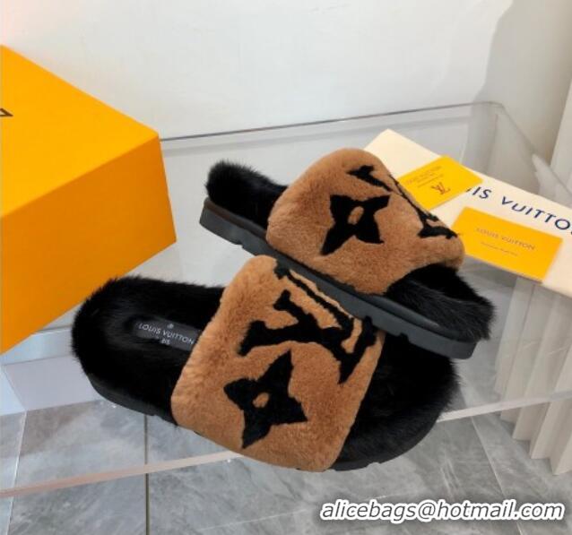 New Style Louis Vuitton Mink Fur and Shearling Flat Slide Sandals 092554 Brown/Black