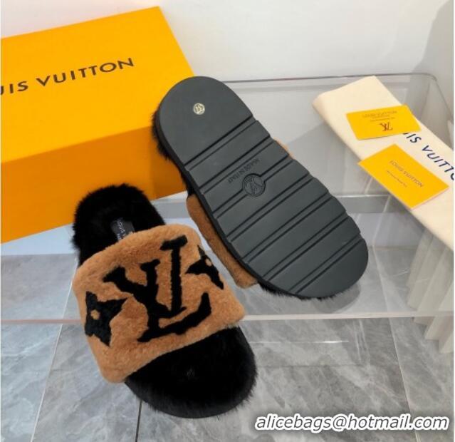 New Style Louis Vuitton Mink Fur and Shearling Flat Slide Sandals 092554 Brown/Black