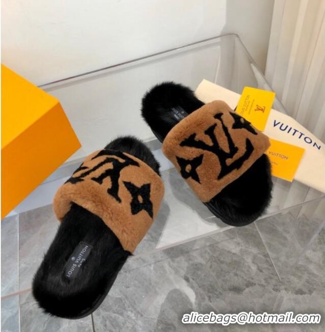 New Style Louis Vuitton Mink Fur and Shearling Flat Slide Sandals 092554 Brown/Black