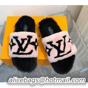 Cute Style Louis Vuitton Mink Fur and Shearling Flat Slide Sandals 092554 Pnk/Black