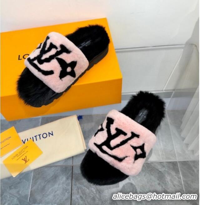 Cute Style Louis Vuitton Mink Fur and Shearling Flat Slide Sandals 092554 Pnk/Black