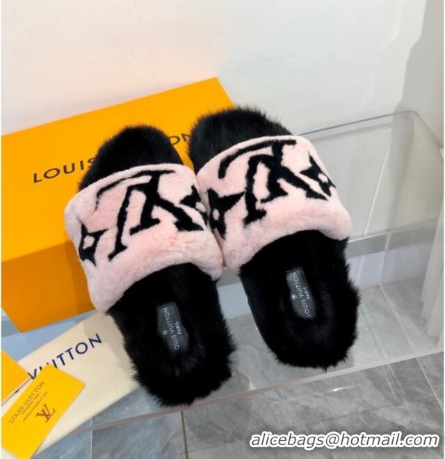 Cute Style Louis Vuitton Mink Fur and Shearling Flat Slide Sandals 092554 Pnk/Black